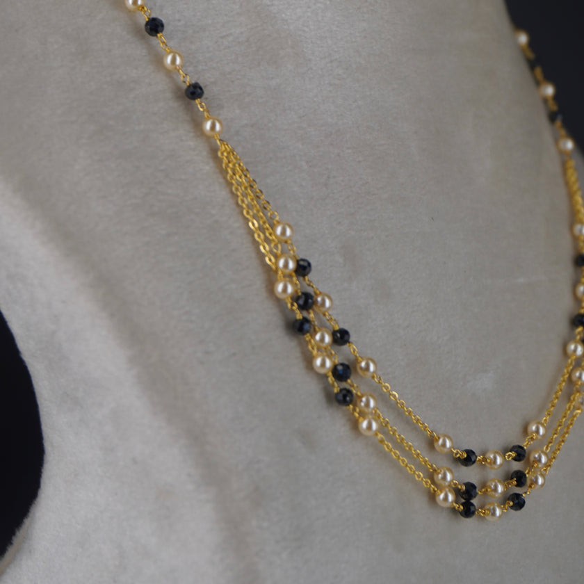 Hk0376 Pearl Black Beads 3 lines chain