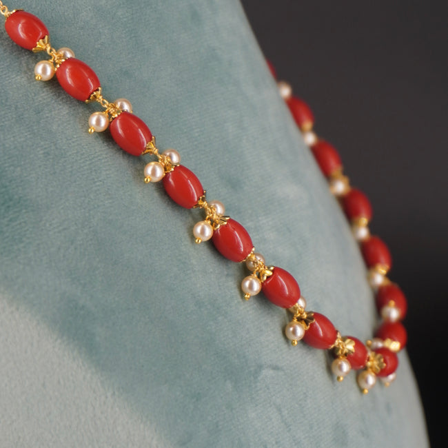 Hk0364 Pearl & Coral Necklace with Earrings