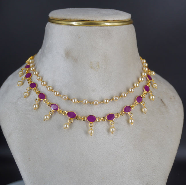 HK0340 Ruby and Swarovski pearl necklace