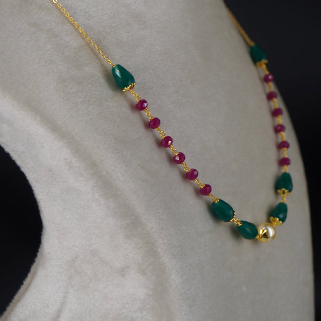HK0353 Pearl Chethan Ruby & Emarald drop chain