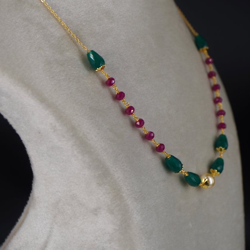 HK0353 Pearl Chethan Ruby & Emarald drop chain