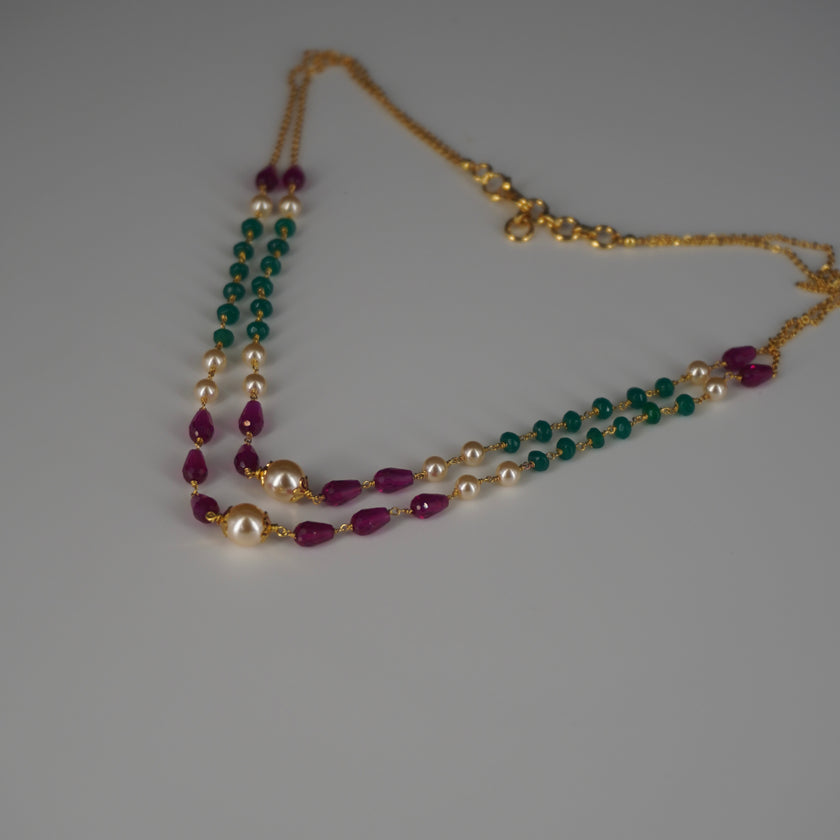 HK0351 Pearl and  Chethan Ruby & Emarald 2 steps Necklace
