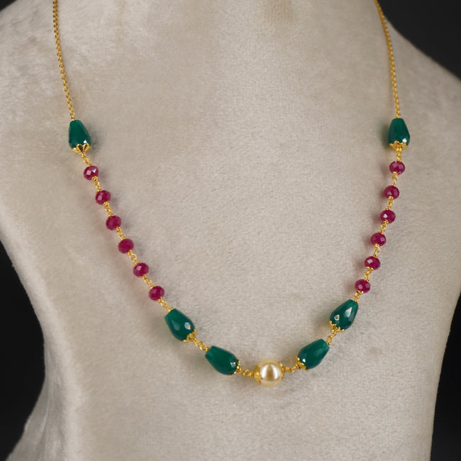 HK0353 Pearl Chethan Ruby & Emarald drop chain
