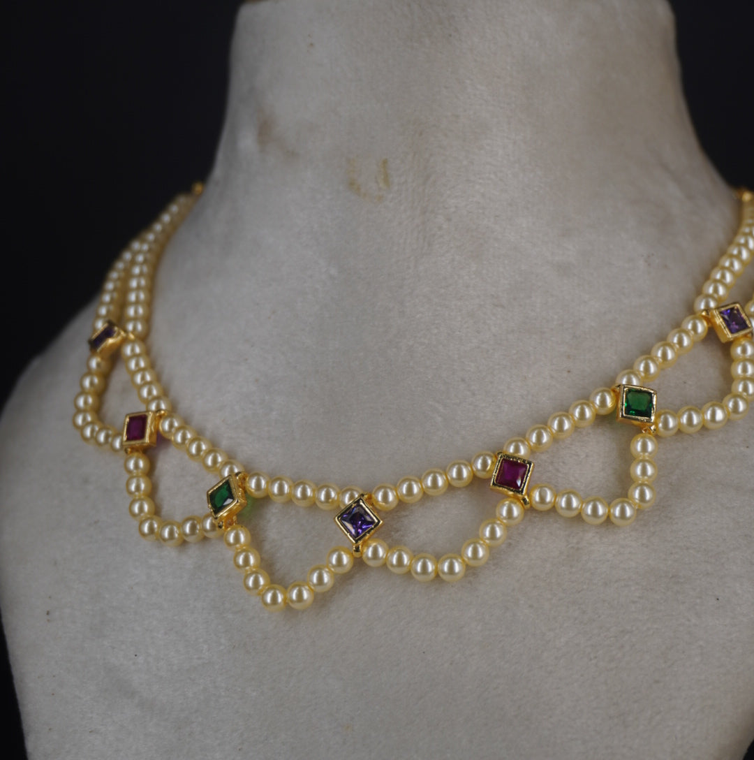 #HK0484. Swarovski pearl with multi colour square cz stone