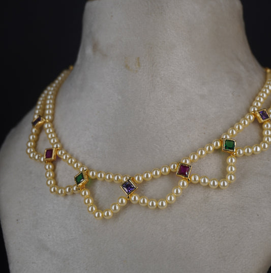 #HK0484. Swarovski pearl with multi colour square cz stone