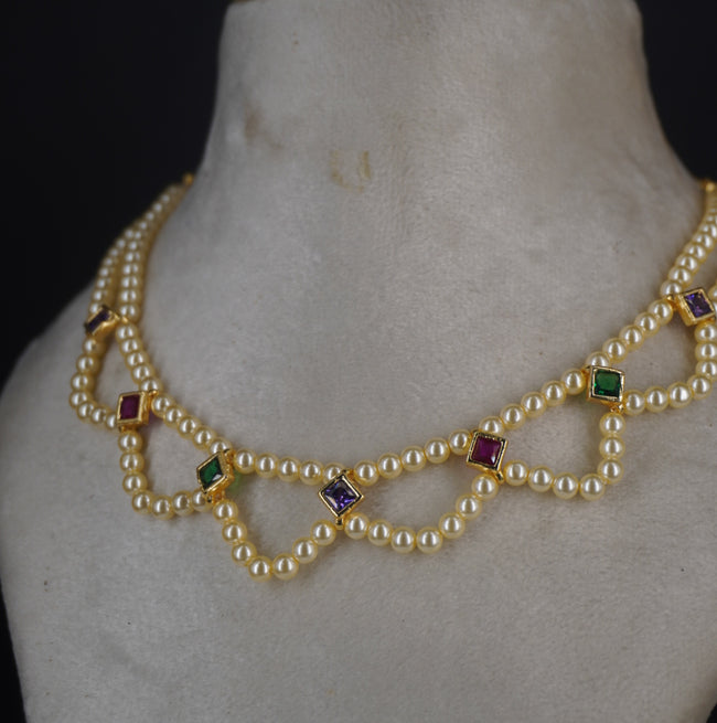 #HK0484. Swarovski pearl with multi colour square cz stone