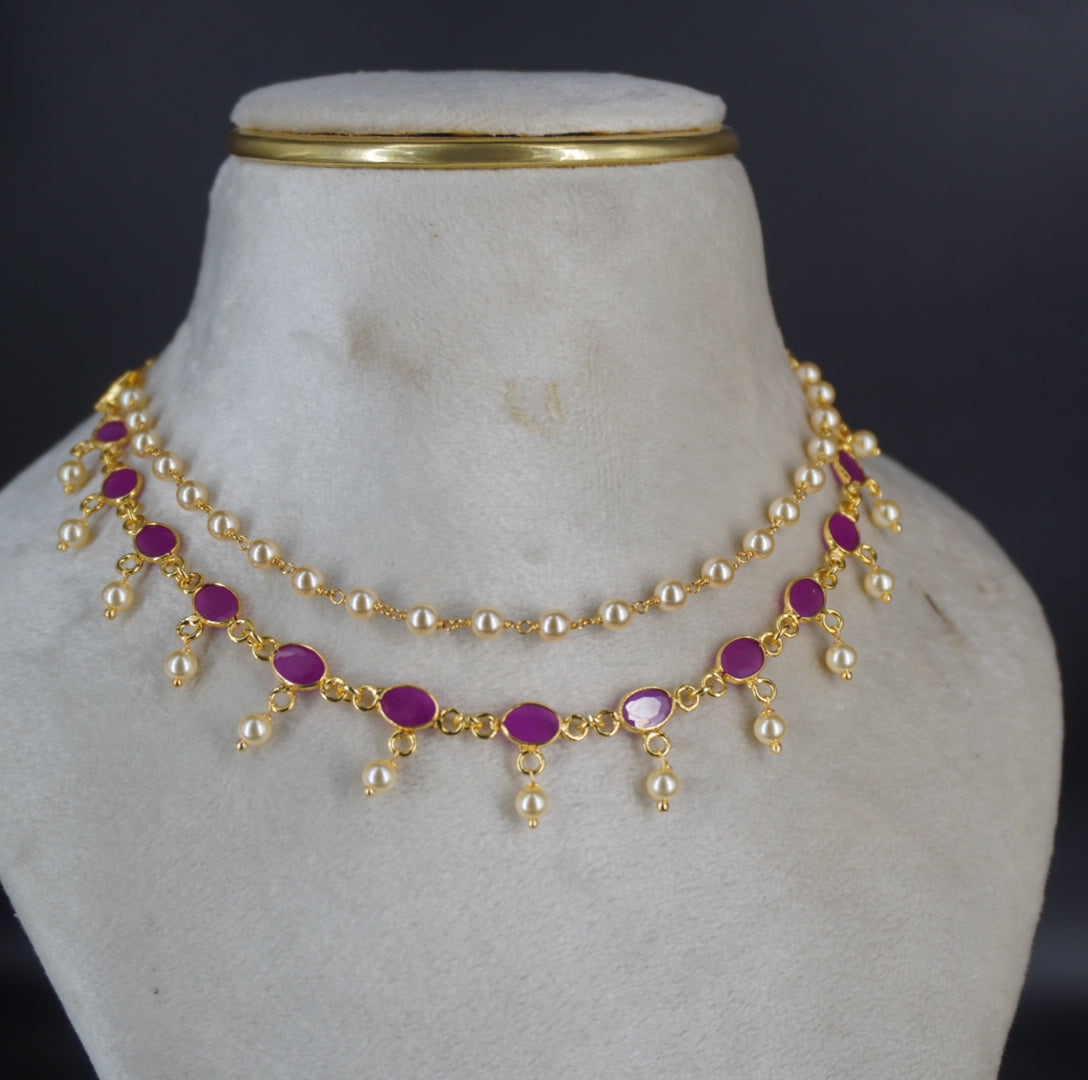 HK0340 Ruby and Swarovski pearl necklace