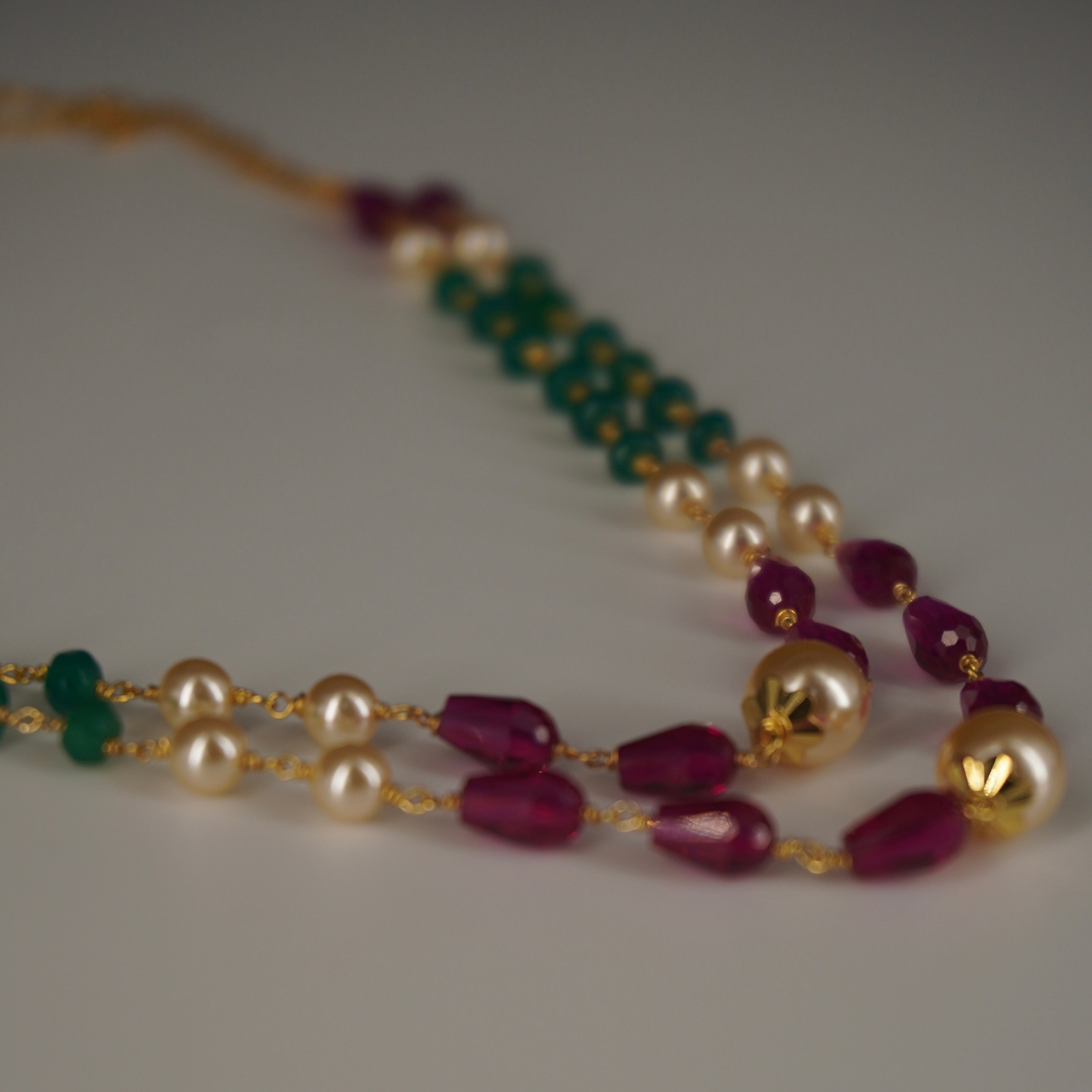 HK0351 Pearl and  Chethan Ruby & Emarald 2 steps Necklace