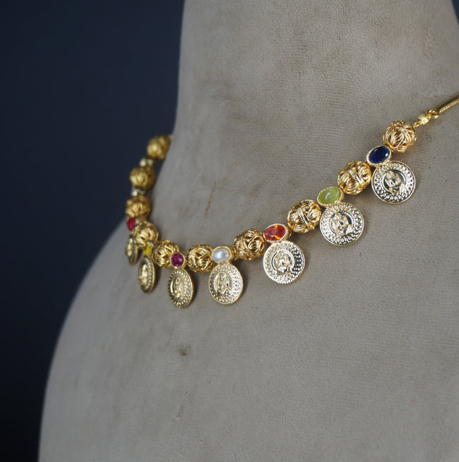 HK0481 Navaratna necklace in Lakshmi kasu