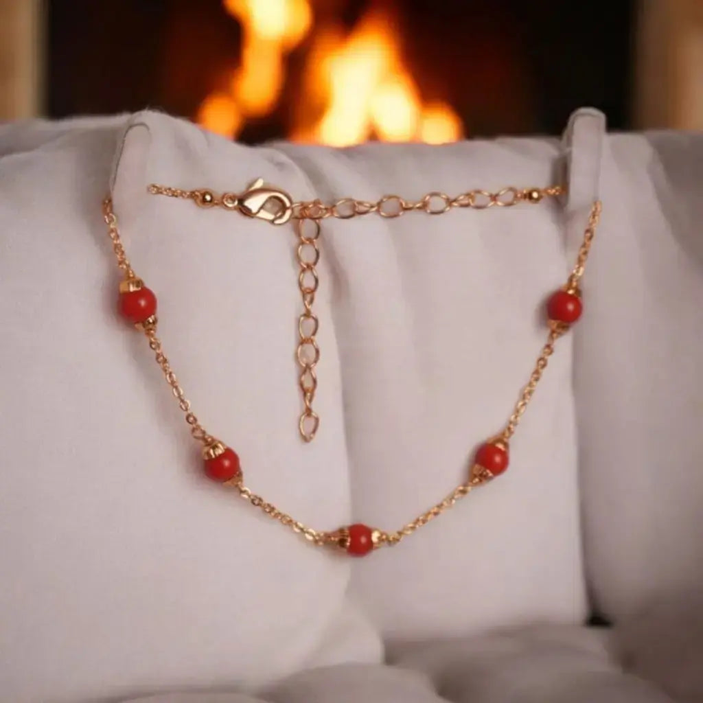 BT007 – Fiery Red Bead Anklet with Gold-Tone Chain
